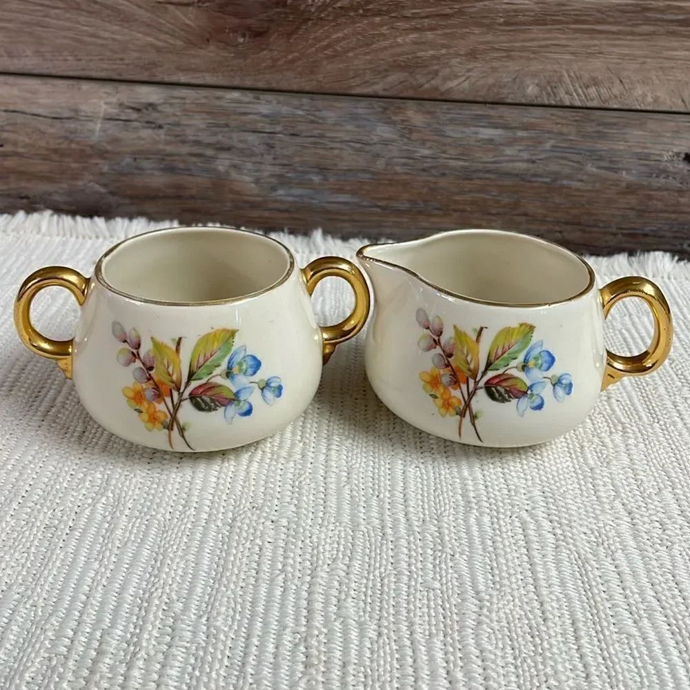 Cream and Sugar Porcelain Set with Gold Leaf Trim and Floral Design